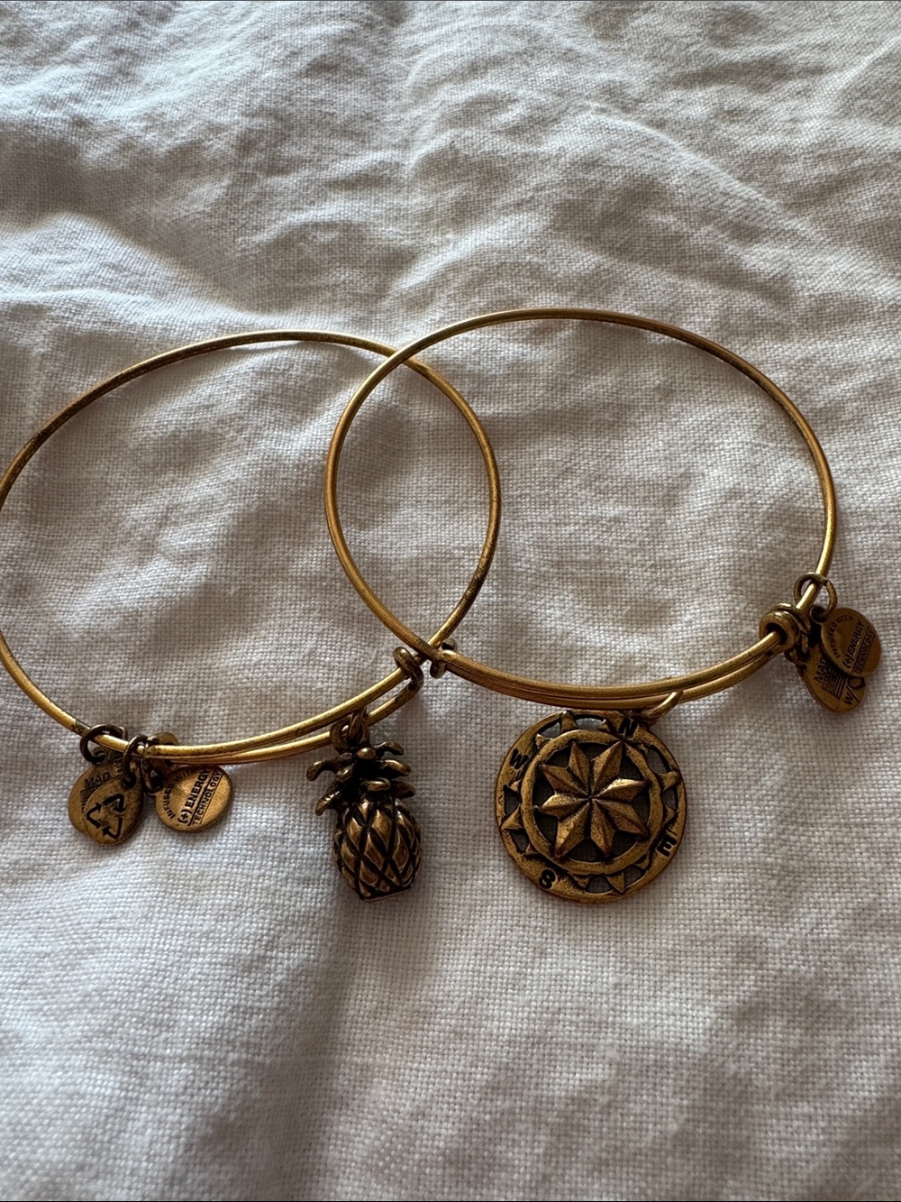 Antique Gold Charm Bangle Bracelet Set - Pineapple & Compass Charms